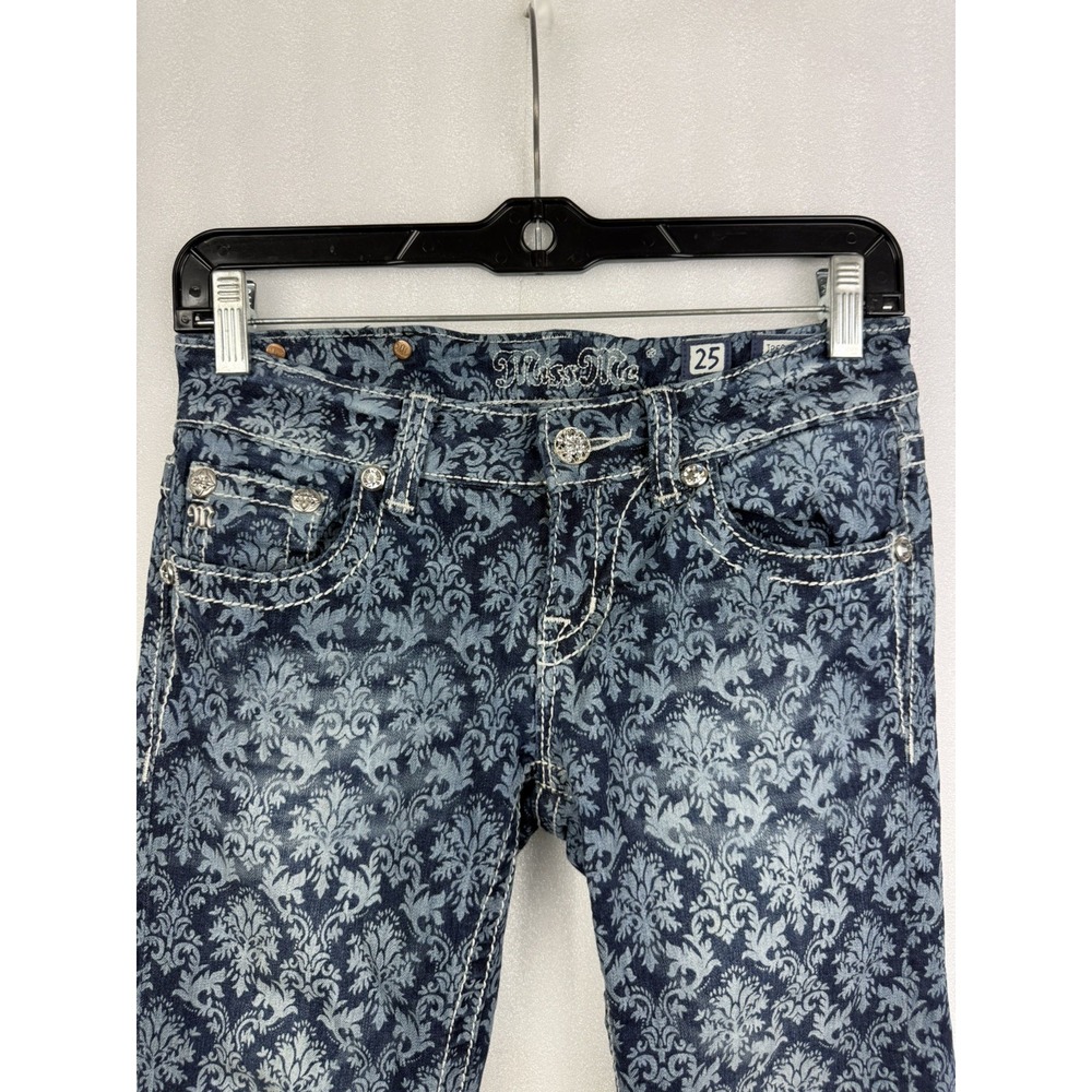 Miss Me Blue Floral Print Cuffed Capri Stretch Jeans Crystal size 25 Inseam 22